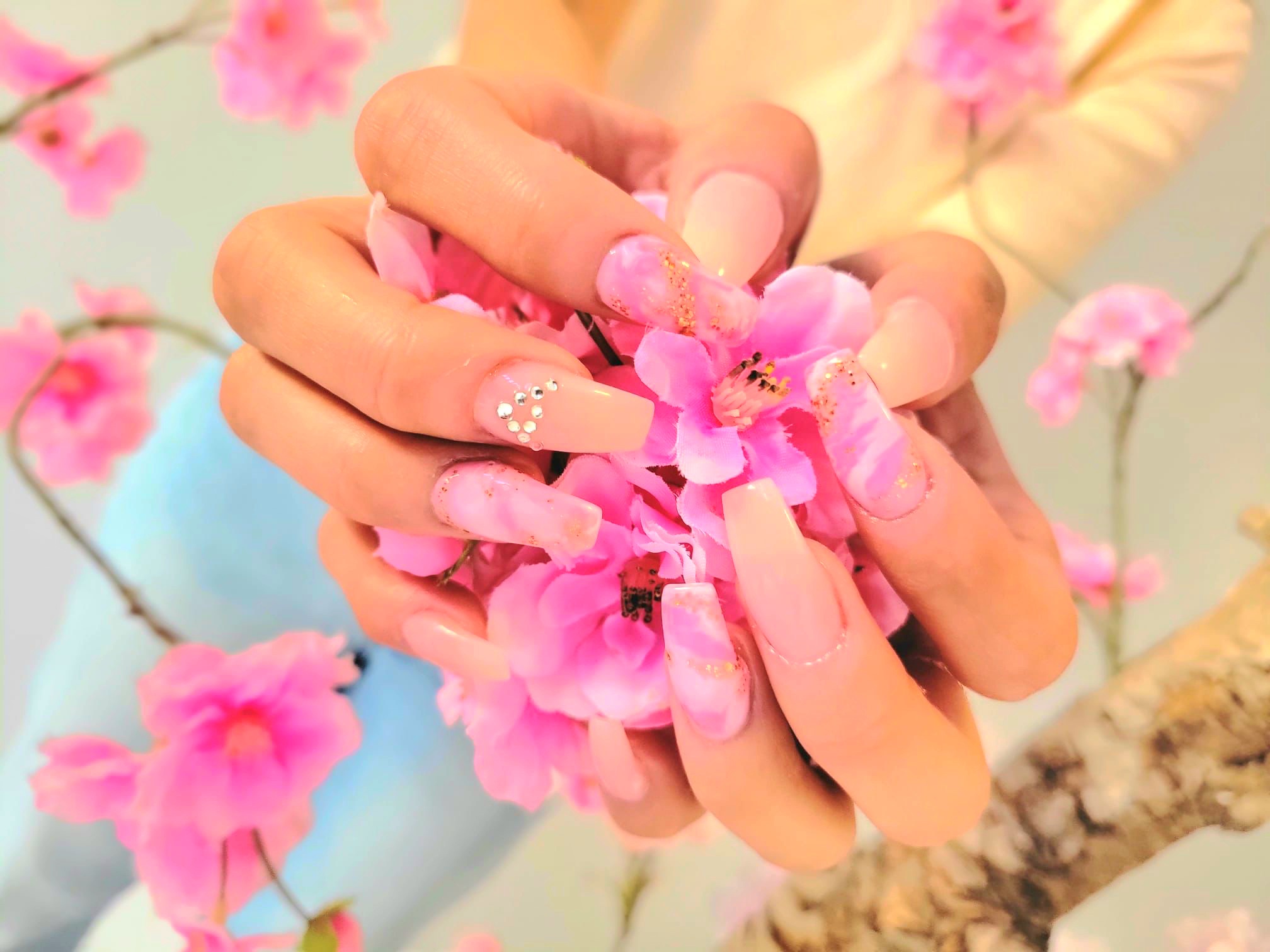 Handen met roze nagels die roze bloesem vasthouden